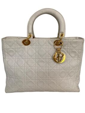 Authentic Dior White Lambskin Lady Dior Handbag Quilted Cannage Gold Hardware